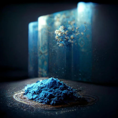 Blue powder in a bowl on a dark background. The concept of alternative medicine.の素材