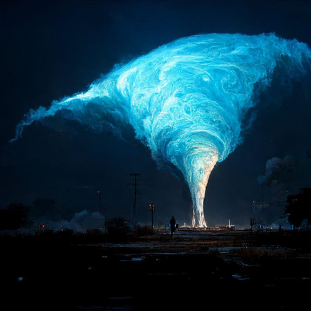 Flaming tornado in the night sky, natural disaster concept.の写真素材