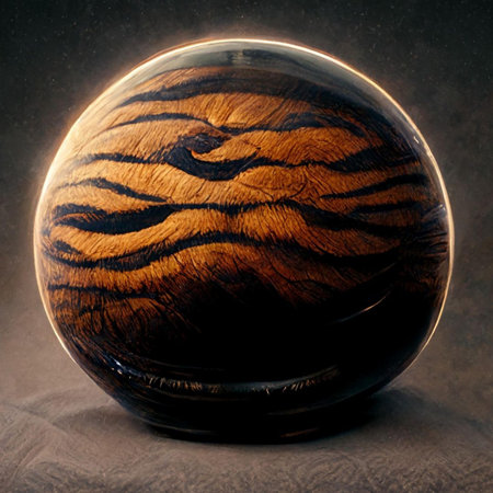 Wooden ball with tiger pattern on a dark background. 3d renderingの写真素材