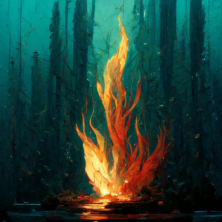 Burning fire in the forest. Fire in the forest. Night landscape.の素材