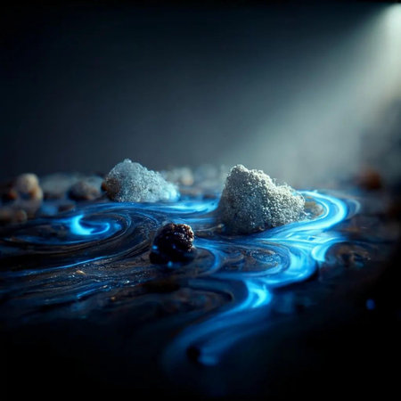 Frozen blackberries and blue ice on a dark background. Macroの素材