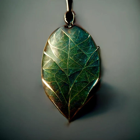 Emerald pendant with green leaf on a gray background close upの写真素材