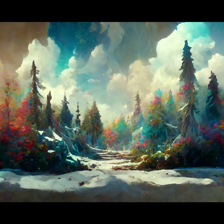 Digital painting of a winter landscape with a path in the forest.の写真素材