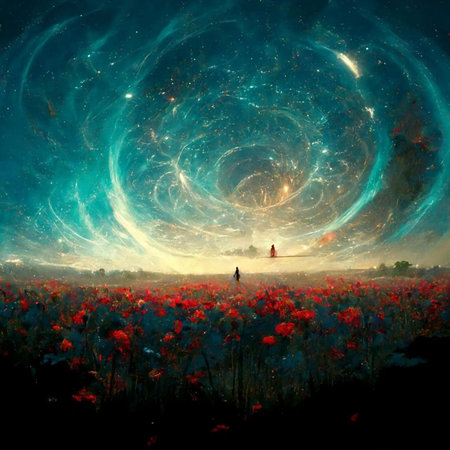 Poppies in the field at night. Digital painting, illustration.