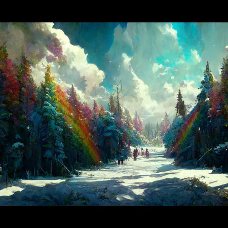 Digital painting of a forest with a rainbow in the sky and cloudsの写真素材
