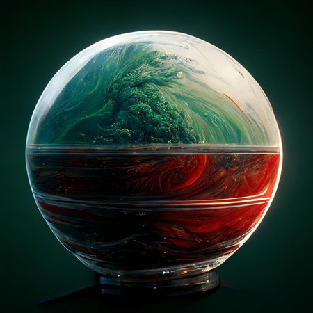 Glass globe in the form of a planet with red and green stripesの写真素材