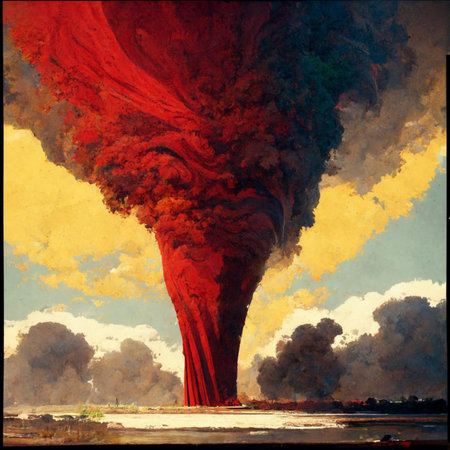 Explosion of smoke in the sky. Oil painting on canvas.
