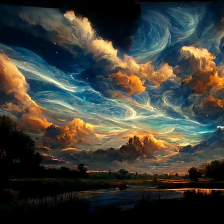 Beautiful landscape with river and clouds in the sky at sunset.