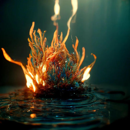 Flaming water drops on the surface of the water. Abstract background.
