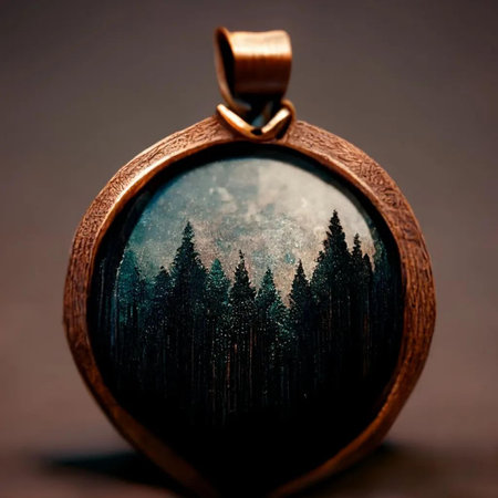 Wooden pendant on a dark background with forest in the background