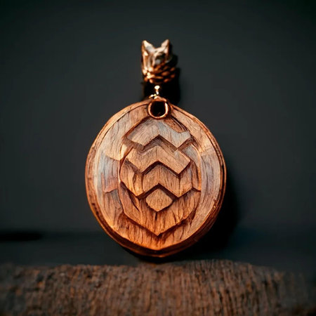 Wooden pendant in the form of a cone on a dark backgroundの写真素材