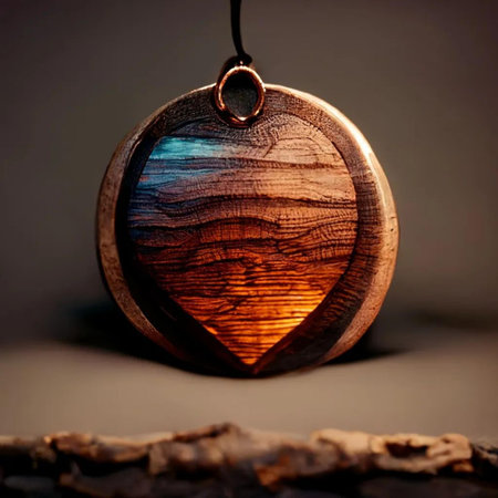 Wooden jewelry pendant in the shape of a heart on a dark backgroundの写真素材