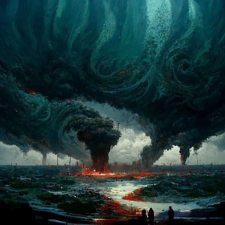 3D Illustration of a natural disaster with a huge blast in the oceanの写真素材