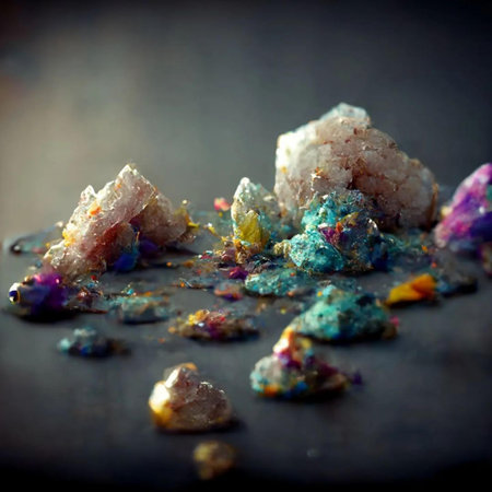 Colorful crystals of minerals on a black background. Macro shooting.の写真素材