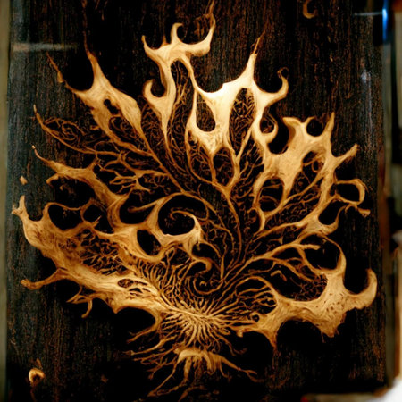 Close up of a wood carving on a wooden surface. Abstract background.の写真素材