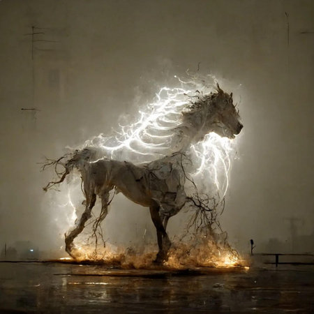 Horse in a fire show in the city of Madrid, Spainの写真素材