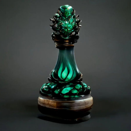 Green glass chess piece on a black background. Close-up.の写真素材