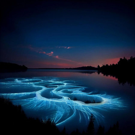 beautiful winter landscape with lake and reflection in water at night.の写真素材