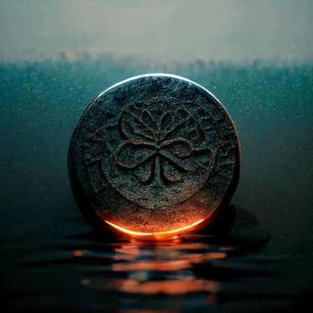 Ancient coin with a pattern on the surface, reflected in water.の写真素材