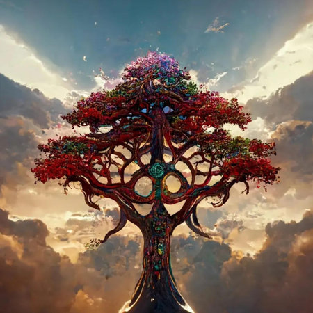 Tree of life in the form of a human body in the skyの写真素材