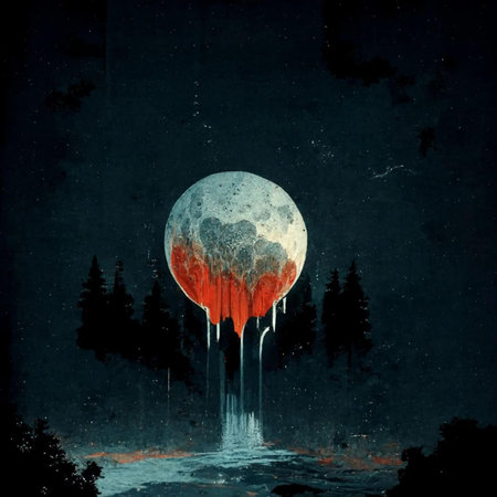 Fantasy landscape with red planet in the sky. Digital painting.の写真素材