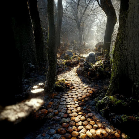 Autumnal alley in the forest with trees and stones in the foregroundの写真素材