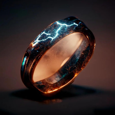 wedding ring with lightning on a dark background close-upの写真素材