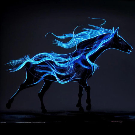 Illustration of a horse with blue hair on a black background.の写真素材