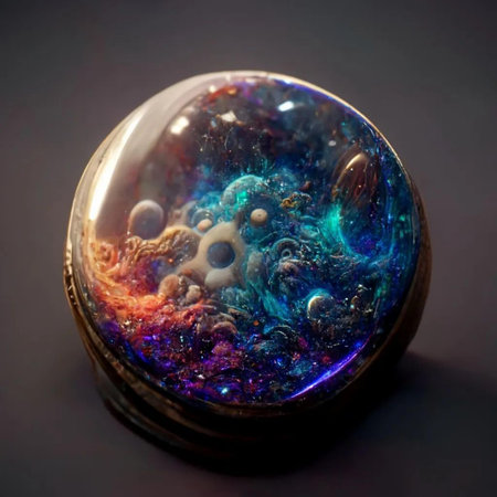 A close up of a crystal ball with colorful crystals inside on a black backgroundの素材
