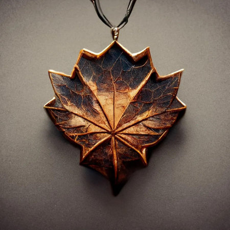 Leaf shaped pendant on a black background. Selective focus.の写真素材