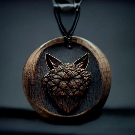 Wooden pendant in the form of a cat on a black backgroundの写真素材