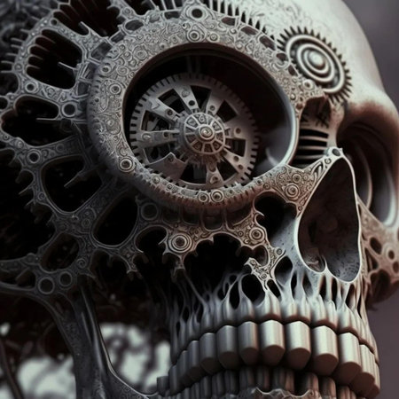 3d rendering of a human skull with gears and cogwheelsの写真素材