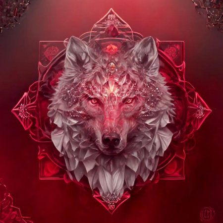 A wolf with a red background in the form of a mandalaの写真素材