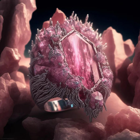 Wedding ring on a pink gemstone. 3D renderingの素材