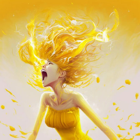 Beautiful young woman in yellow dress with flying hair. Flying hair.の素材