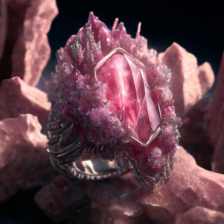 jewelry ring with precious stones on the background of pink quartzの写真素材
