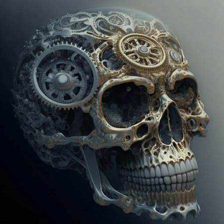 Human skull with gears and cogwheels. 3D illustration.の写真素材