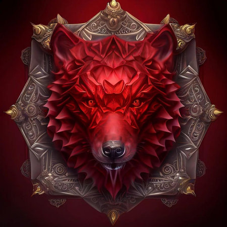 Red bear with golden ornament on red background. 3D illustration.の写真素材