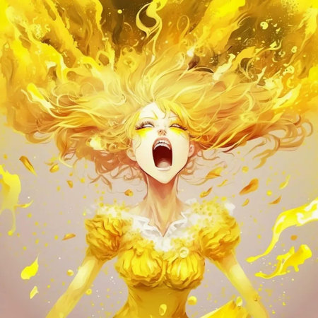 Fashion illustration of a beautiful young woman in yellow dress with flowing hair.の写真素材