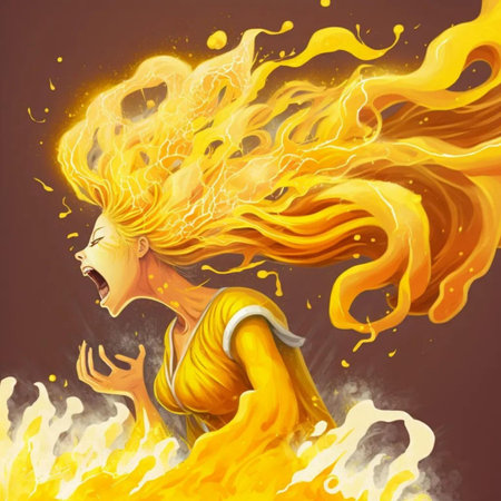 Flaming woman with yellow fire on her face. Vector illustration.の写真素材