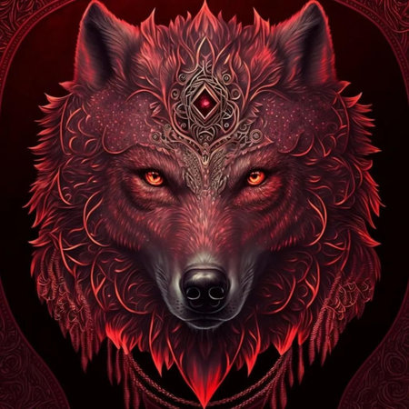 Wolf head with tribal ornament on a red background. Vector illustration.