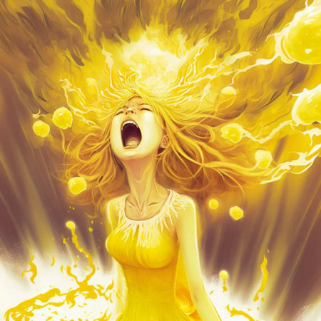 Surprised girl in yellow dress. Fantasy illustration. 3D rendering.の写真素材