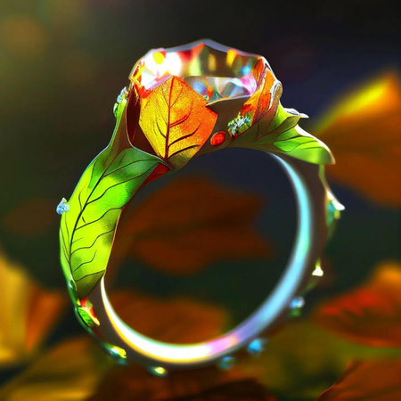wedding ring with a precious stone on a background of autumn leavesの写真素材