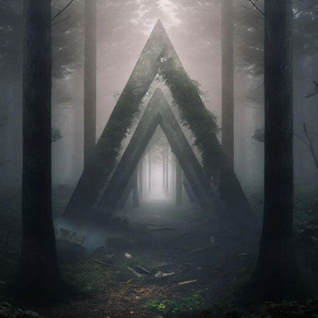 Mysterious dark forest with a triangle in the shape of an arrowの写真素材