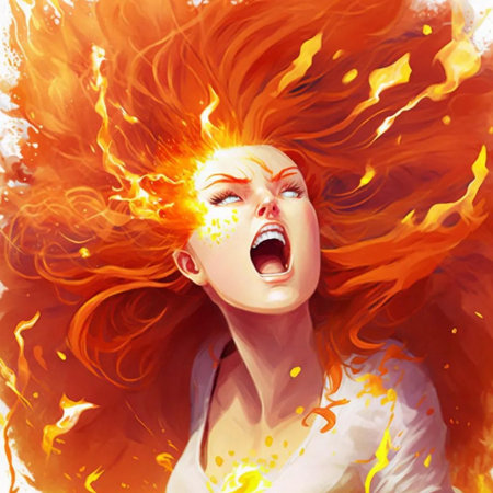 Beautiful girl with red hair and fire in her hair. Digital painting.の素材