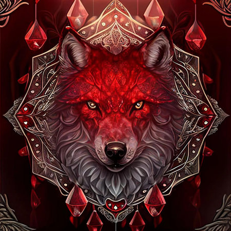 Red wolf with ornamental elements on a dark background. 3d illustration