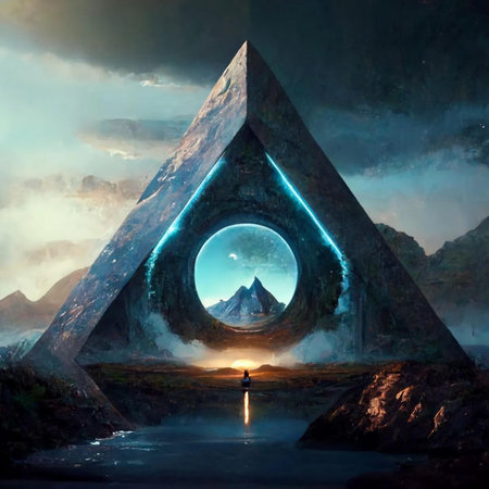 Fantasy landscape with a stone pyramid and a man on a background of the seaの写真素材