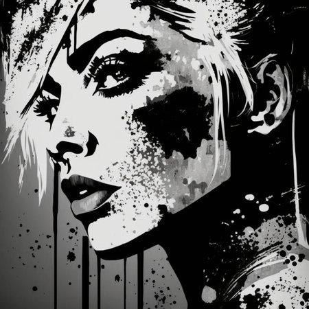 Grunge illustration of a woman's face with paint splashes.の素材