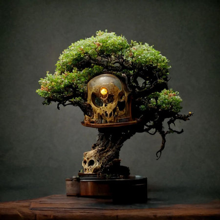 Bonsai tree with human skull and candle on wooden table.の写真素材