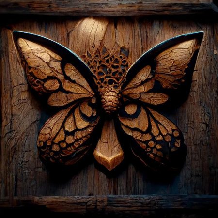 Wooden carved butterfly on a wooden door. Close-up.の写真素材
